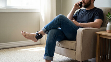 Man relaxing on couch with ankle monitor while talking on smartphone in bright living room during house arrest or remote supervision