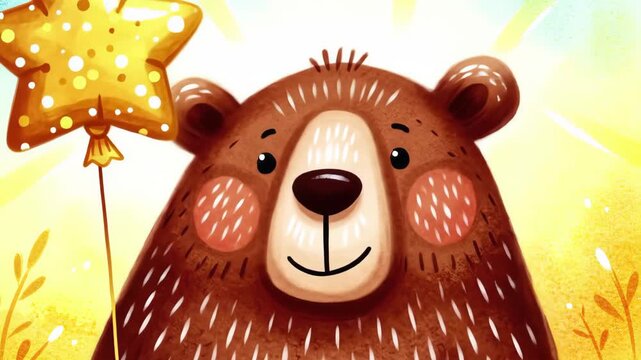 Animated bear with star balloon backdrop, whimsical background for kids celebration
