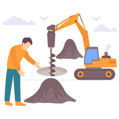 Foundation Drilling in Progress concept, Earthworks and Site Preparation vector design, construction workers banner, Skilled labor scene, Civil Engineering Works stock illustration