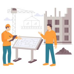 Structural Design Review concept, Site Meeting for Building Development vector design, construction workers banner, Skilled labor scene, Civil Engineering Works stock illustration