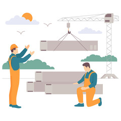 Structural Assembly in Progress concept, Prefabricated Elements Installation vector design, construction workers banner, Skilled labor scene, Civil Engineering Works stock illustration