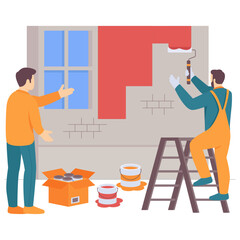 Interior Painting in Progress concept, Home Improvement with Professional Guidance vector design, construction workers banner, Skilled labor scene, Civil Engineering Works stock illustration