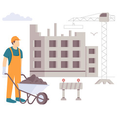 Worker Handling Materials on Site concept, Professional Builder with wheelbarrow vector design, construction workers banner, Skilled labor scene, Civil Engineering Works stock illustration
