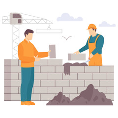 two person collaborate on building brick wall concept, worker applies mortar places bricks vector design, construction workers banner, Skilled labor scene, Civil Engineering Works stock illustration