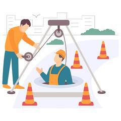 Safe Manhole Operations concept, Urban Infrastructure Repair vector design, construction workers banner, Skilled labor scene, Civil Engineering Works stock illustration