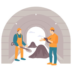 Underground Tunnel Construction Inspection concept,Workforce Managing Subsurface Infrastructure vector design, construction workers banner, Skilled labor scene, Civil Engineering Works  illustration