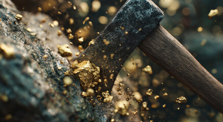 Gold axe rock impact dust close up shot of axe hitting gold rock with dramatic flying dust