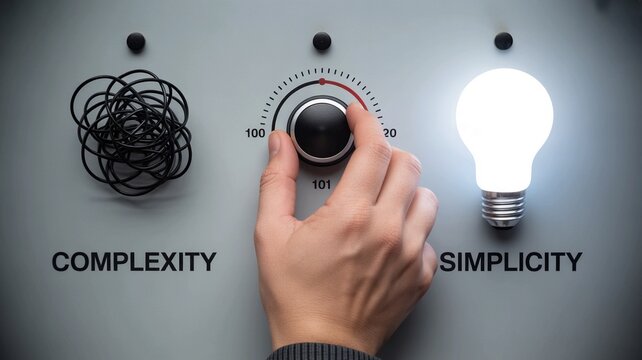 Hand adjusting dial from complexity to simplicity with lightbulb representing idea