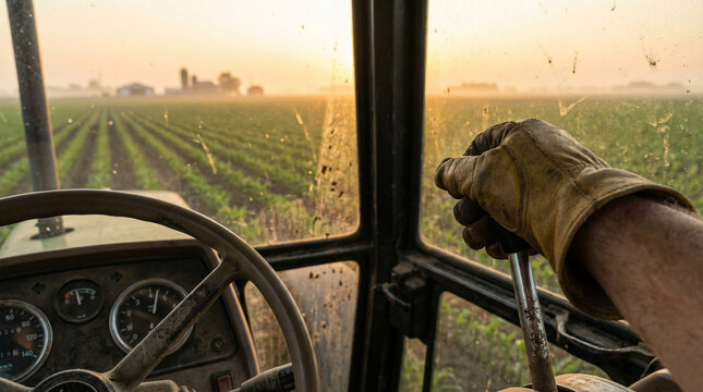 Farmer driving tractor through cultivated crop field at sunrise with gloved hand on gear shift and rural landscape in background