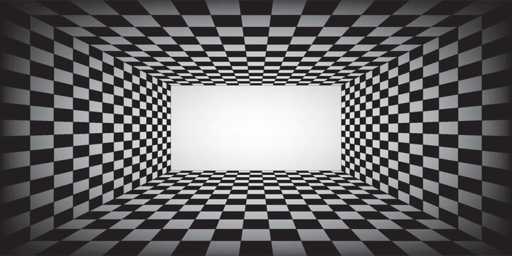 Chess perspective room background. Black and white chess board perspective room texture. Chess board pattern surface. Fading and disappearing chess board background. Abstract vector illustration.