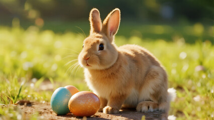 White rabbit with colorful Easter eggs