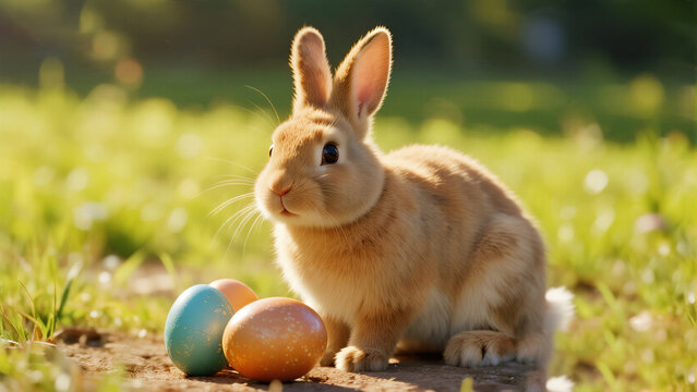 White rabbit with colorful Easter eggs