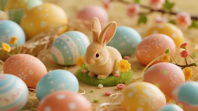 Easter bunny surrounded by decorated eggs