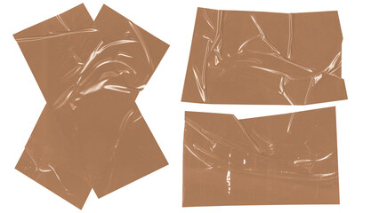 Several pieces of crumpled brown packing tape isolated on a white background