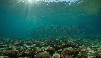 Fototapeta premium Underwater scene shows fish swimming near rocky ocean floor with sunlight shining through water