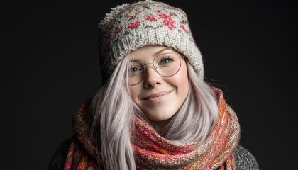 Young woman wearing warm knitted winter headwear and a colorful patterned scarf smiles gently