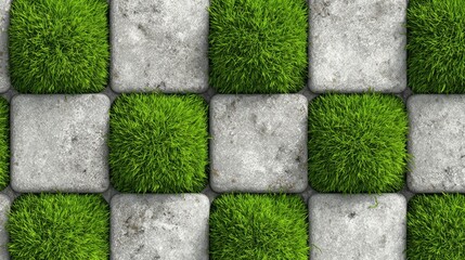 Green grass tufts and textured grey stone pavers forming a checkerboard pattern, representing nature and urban contrast in a sustainable design background