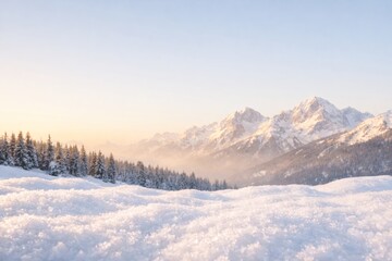 Obraz premium Majestic snow-covered mountains and pine forest bathed in soft morning light