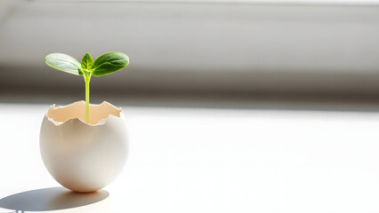 Seedling growing in cracked eggshell pot on bright surface  