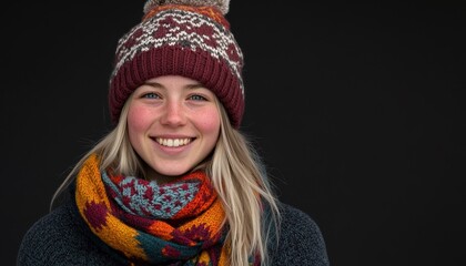 Portrait of a young woman wearing warm winter headwear and an intricately patterned scarf against a dark background