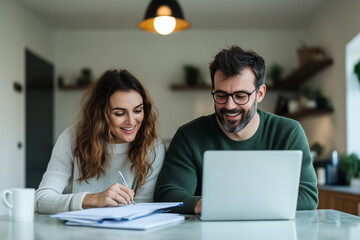 Couple enjoys productive study session at cozy kitchen table