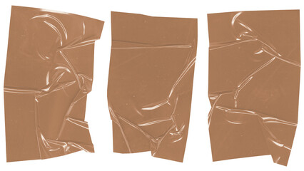 Crushed and crumpled brown paper tape strips on a white background