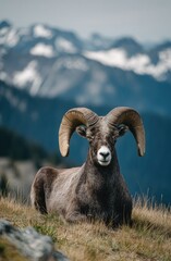 Bighorn sheep resting on a hillside, mountains in the background