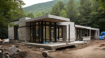 Modern house framework taking shape amidst a lush green forest, showcasing sustainable architecture principles with concrete and cinder block construction in a natural environment