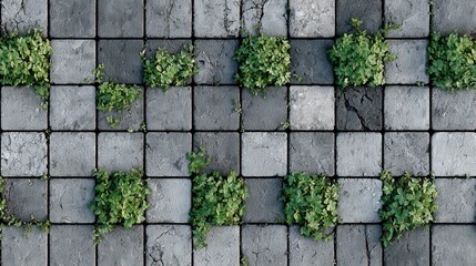 Lush green ground cover growing between a grid of weathered grey concrete paving blocks, creating an organic texture and pattern, symbolizing natural resilience and urban decay