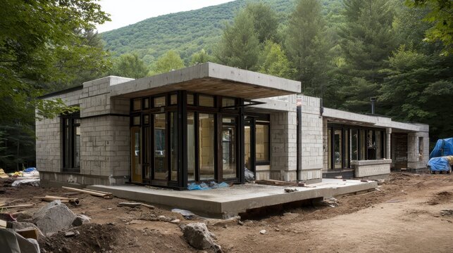 Modern house framework taking shape amidst a lush green forest, showcasing sustainable architecture principles with concrete and cinder block construction in a natural environment