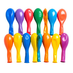 Colorful uninflated party balloons in various vibrant hues arranged in rows against a stark black background.