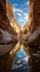 Obraz premium Slot canyon stream reflecting blue sky and white clouds, with towering sandstone rock formations creating a serene natural landscape and tranquil environment