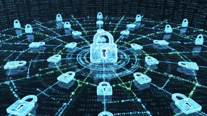 Digital padlock interconnected within a network with data for cybersecurity and blockchain technology - Powered by Adobe