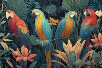 Fototapeta premium Vibrant Jungle Scene with Colorful Parrots and Lush Tropical Flora
