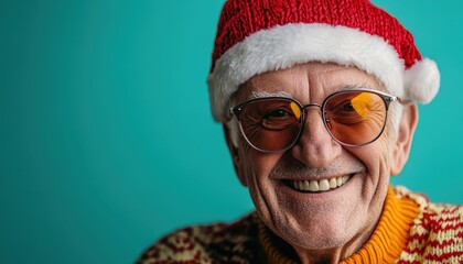 Cheerful elderly gentleman wearing festive headwear and spectacles smiles against a vibrant background