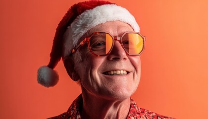 Mature man wearing a festive hat and stylish sunglasses smiles against a warm background