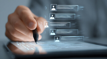 Person using stylus on digital screen with profile list hand tablet