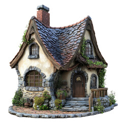 Fototapeta premium Detailed View of a Stone Cottage with a Slate Roof and Wooden Doorway Isolated on Transparent Background