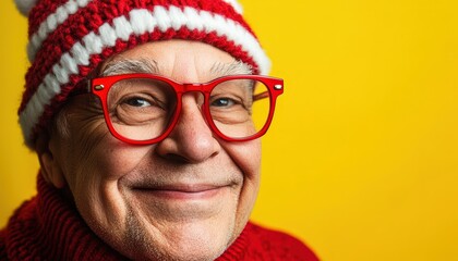 Cheerful elderly gentleman wearing a red and white striped knitted hat and spectacles smiles against a bright yellow background