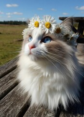 Fluffy cat wearing daisy crown outdoors