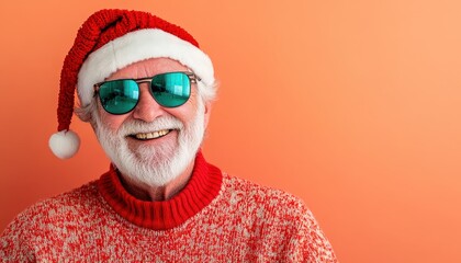 Cheerful senior man wearing festive headwear and reflective eyewear smiles against a vibrant background
