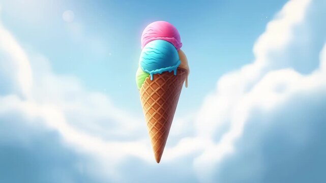 Animated Ice Cream Cone Floating in Dreamy Cloudscape, A Whimsical and Delicious Treat