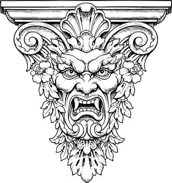 Vintage Mascaron Angry Face Ornament Corbel Engraving Drawing