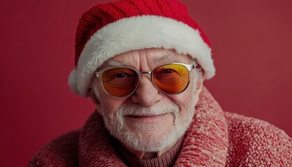 Elderly man wearing festive headwear and tinted eyewear smiles against a solid background