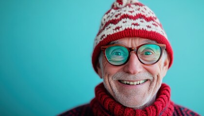 Elderly man wearing colorful winter knitwear smiles warmly against a bright cyan background