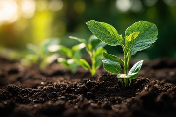 Fototapeta premium Nurtured Sprout: A Sapling Thriving in Sunlight, Symbolizing Organic Growth in Agriculture and Ecology