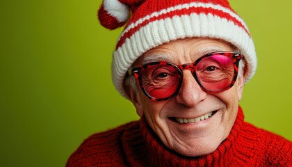 Elderly gentleman wearing festive winter attire and bright eyeglasses smiles against a vibrant background