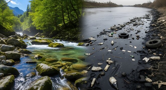 Environmental contrast of pristine mountain river and heavily polluted dirty river with garbage.