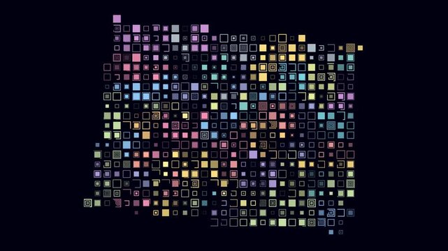 Colorado animated shape. Pulsating colored dots on the map of the state. Large size square blocks. Digital style Colorado map on dark background. Artistic animation video.