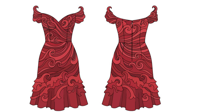 Elaborate Crimson Evening Gown with Swirling Artistic Flourishes and Ruffled Hemline